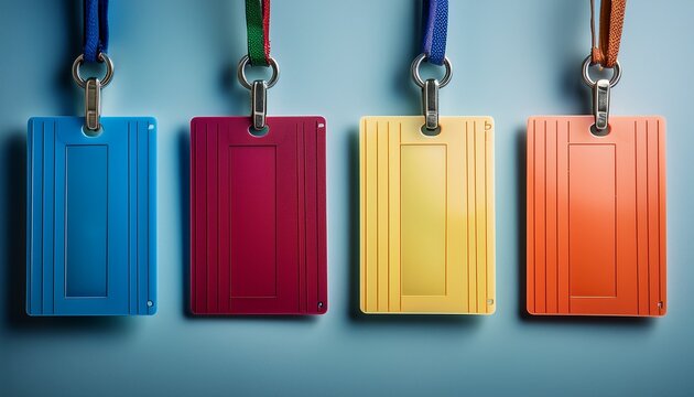 colorful identity cards hanging on a hook with a simple background for creative design concepts