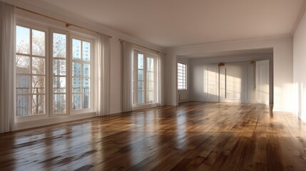 Obraz premium Sunlit empty room with hardwood floors and large windows. The natural light creates a warm and inviting atmosphere.