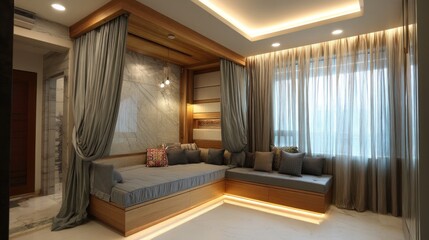 Fototapeta premium Modern recessed nook bed with curtain divider 