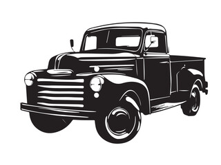 Vintage classic pickup truck silhouette. Black silhouette of a pickup truck isolated on white background. Vector silhouette.  © Shabeer