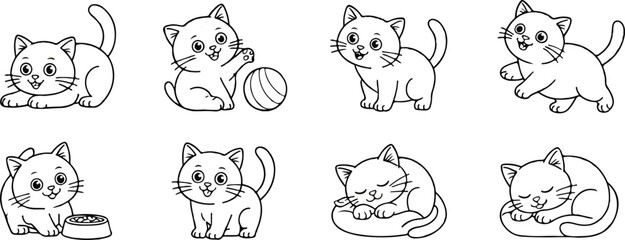  Cute Kitten Outline Illustration, Various Cat Poses and Playful Actions, Sleeping, Eating, Playing, and Relaxing, Cat Characters for Kids