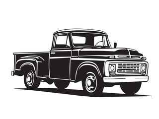 Vintage classic pickup truck silhouette. Black silhouette of a pickup truck isolated on white background. Vector silhouette.	