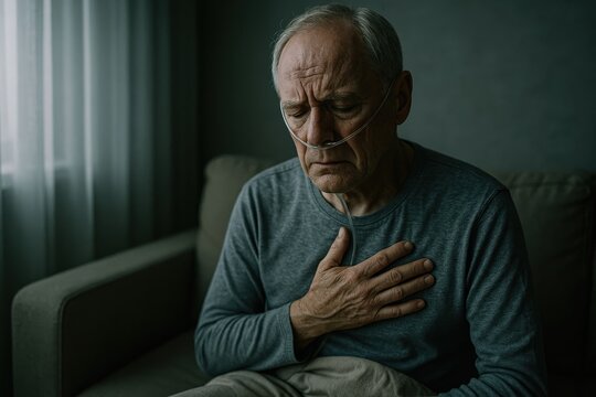 An elderly man sits on a couch with a concerned expression, holding his chest as he struggles to breathe. An oxygen tube is visible, indicating a health issue. Soft light enters the room