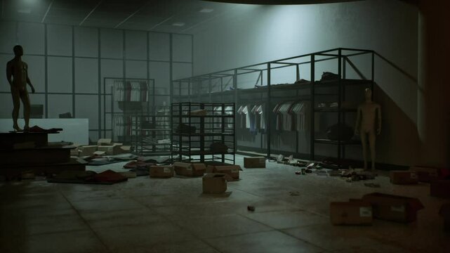 The stores interior shows significant destruction as thieves have ransacked shelves, leaving clothing scattered on the floor and unorganized boxes throughout the space.