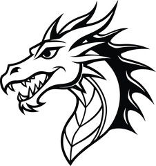Detailed Black And White Dragon Head Line Art Illustration Design