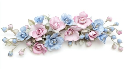 Vintage watercolor bouquet of pink and blue flowers, evoking timeless elegance and delicate charm
