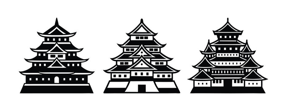 A set of three Japanese castle vector silhouette designs.