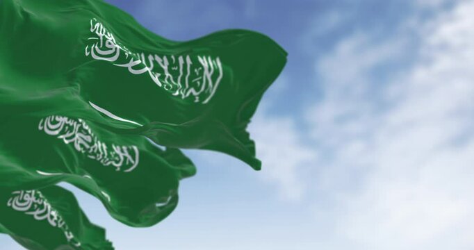 Saudi Arabian flag with Arabic calligraphy waving in the wind. 3D render