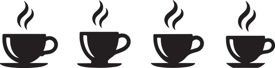  Black Coffee Cups Set with Steam: Simple Icons for Hot Beverage Theme