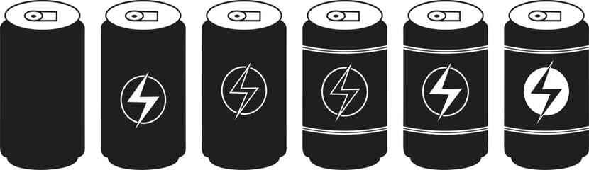 Energy drink can icon set. Soft drink symbol, Soda can vector icons isolated on transparent background. Lightning bolt symbol on beverage can for sports, fitness, and active lifestyle themes.