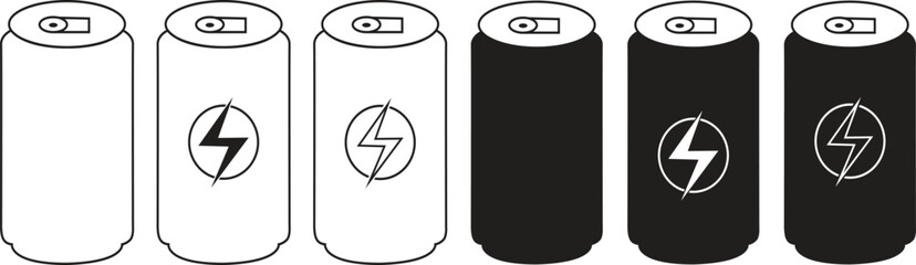 Energy drink can icon set. Soft drink symbol, Soda can vector icons isolated on transparent background. Lightning bolt symbol on beverage can for sports, fitness, and active lifestyle themes.