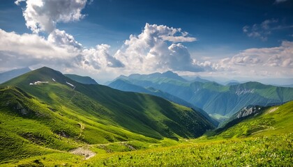 Fototapeta premium Idyllic scenery of the summer green mountains under the beautiful sky with clouds