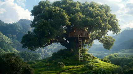 Pixel Art Treehouse In Lush Forest Landscape