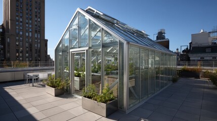 Modern rooftop greenhouse with steel frame and glass panels 