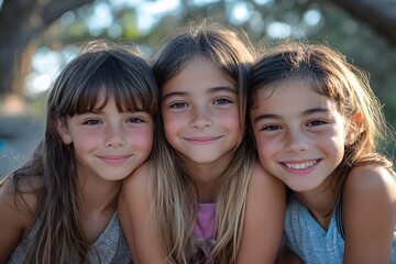 Fototapeta premium Three young sisters, radiating pure joy and innocence, share a warm embrace under the shade of a leafy tree. Their bright smiles and genuine connection speak volumes about the strong bond they share.