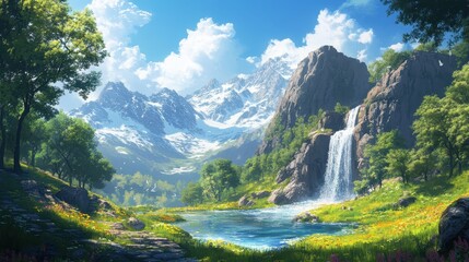 Serene mountain landscape with waterfall and lush greenery under blue sky