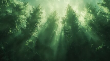 Obraz premium Serene sunlight filtering through dense green forest canopy