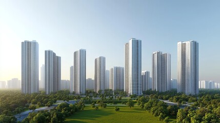 Obraz premium A panoramic view of a modern city with a green and eco-friendly concept, including skyscrapers and parks, is depicted