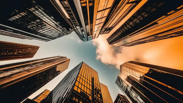 Skyscrapers from below. Glass and steel architecture. Dramatic sky