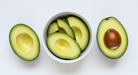 Fresh avocado halves and slices in a bowl for healthy eating concept © Pemburu