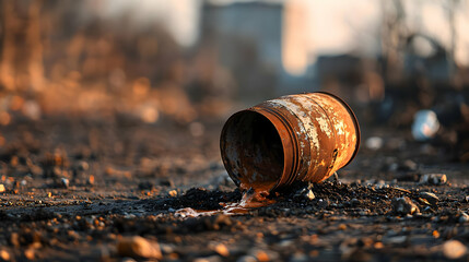 Rusty Metal Can Spill On Dirt Ground