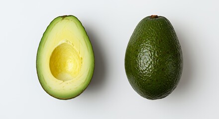 Fresh avocado halves showing pit close up on white background studio shot