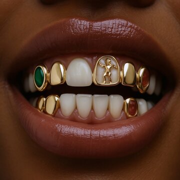 Close-up of teeth with gold jewelry and gemstones. Ideal for fashion, hip-hop, jewelry, portraits and style topics.