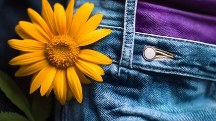 Vibrant Yellow Flower on Blue Jeans Pocket