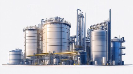 Obraz premium Modern industrial plant with large storage tanks and complex piping system