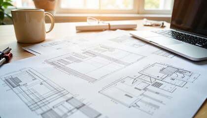 Blueprint designs of modern air conditioners in architect’s office, creativity
