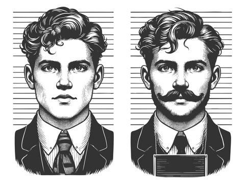 classic vintage mugshot featuring a serious-looking young man in front and side profile, drawn in engraving style sketch engraving generative ai vector illustration. Scratch board. Black and white.