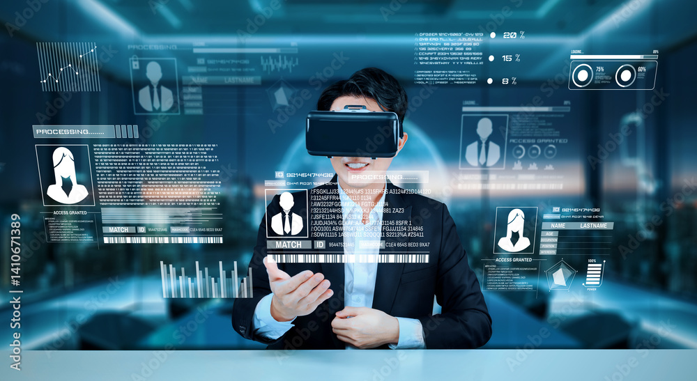 Poster smart business man with goggles working while using security protection. manager with formal suit ch