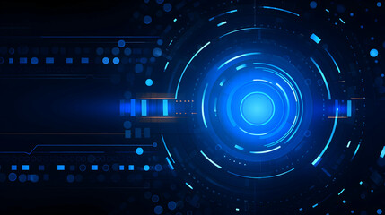 Fototapeta premium A mesmerizing digital vortex of swirling blue energy, pulsating with futuristic power and technological innovation, in a deep dark blue setting with scattered light particles.