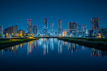 A Modern City Skyline Reflecting on a Calm River at Dusk