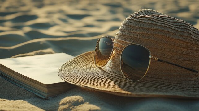 A straw hat and sunglasses rest on a book on the beach. - Powered by Adobe