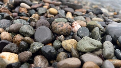 A close-up of many smooth, multi-colored pebbles on the seashore. Gray, brown, beige and black shades predominate. The surf line is visible.