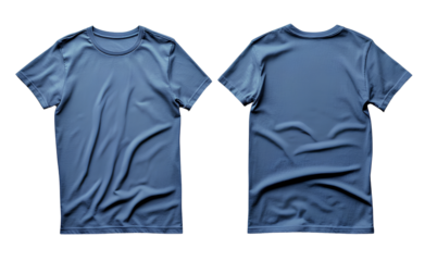 Dark blue T-shirt mockup, front and back view, white background, flat lay, high resolution, no text or logo on the shirt.