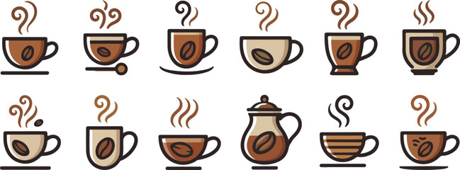  Set of Coffee Cups and Coffee Pot Icons with Steam and Coffee Beans