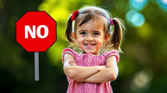 A little girl standing in front of a no sign