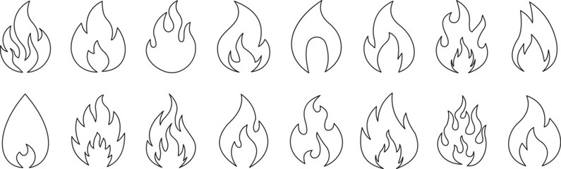 Fire flame line icon set. Bonfire silhouette logotype. Burning fire flame icons collection isolated on transparent background. Campfire element vector illustration.
