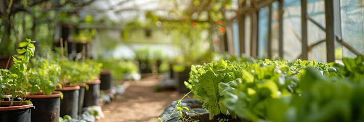 Obraz premium Rows of fresh green plants, possibly lettuce or herbs, growing in pots inside a sunlit greenhouse. Focus on sustainable gardening and agriculture. 