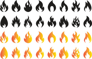Fire flame flat icon set. Bonfire silhouette logotype. Burning fire flame icons collection isolated on transparent background. Campfire element vector illustration.