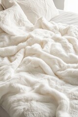 Obraz na płótnie Canvas Cozy white blanket draped over a bed creating a warm and inviting atmosphere in a softly lit bedroom