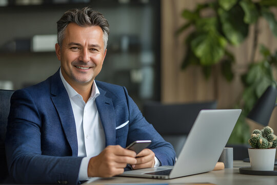 A confident mature businessman exudes success and professionalism, his warm smile radiating positivity as he checks his phone in a modern office environment.   - Powered by Adobe