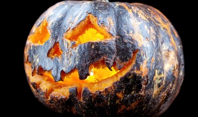 Carved Halloween pumpkin with a spooky face, dark and textured skin, illuminated from within.