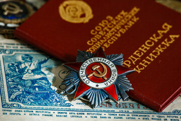 Awards of the Second world war close-up.May 9 Victory Day.Order of the USSR. Soviet military awards