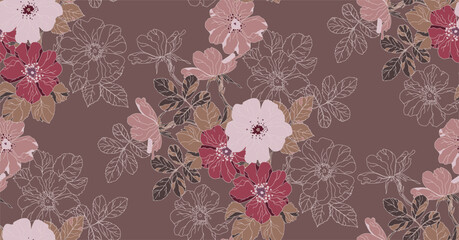 Mocha mousse color pattern of flowers and leaves, repeating pattern, artistic like wallpaper.	

