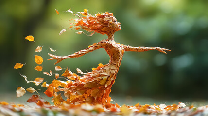 Abstract body of a ballerina formed by autumn leaves. Water, environment and ecology concept 