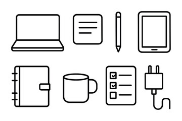 Outline icons of laptop, notebook, mug, and tablet with checklist and charging cable.