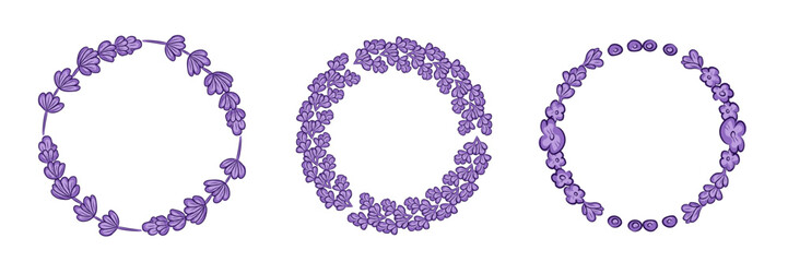 Lavender Frame Set for Design. Hand Drawn Round Border Line Leaves and Flowers Wedding Invitation and Cards Logo Design and Poster Template. Elegant Minimalist Floral Set